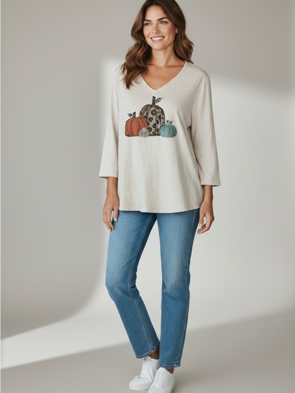 Chico's Cream V-Neck Cotton Shirt with Pumpkin Appliqués in Rust, Teal, Brown